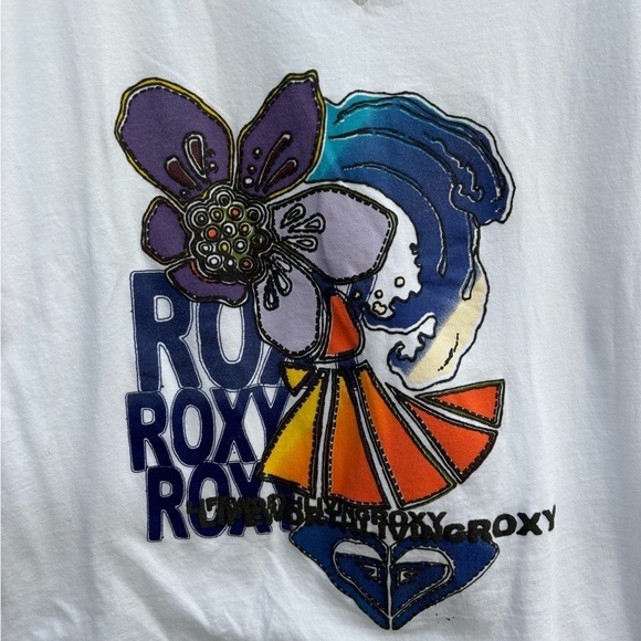Roxy White V Neck T Shirt Size Large Graffic T "Life Worth Living Roxy" - Picture 6 of 7